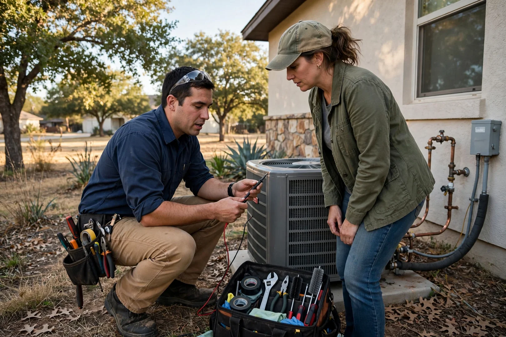 Technician reviewing new air conditioner and furnace options with a homeowner in Cibolo