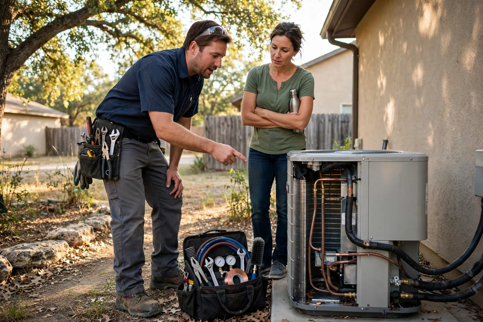 HVAC technician reviewing a new air conditioner installation plan with a homeowner in Cibolo