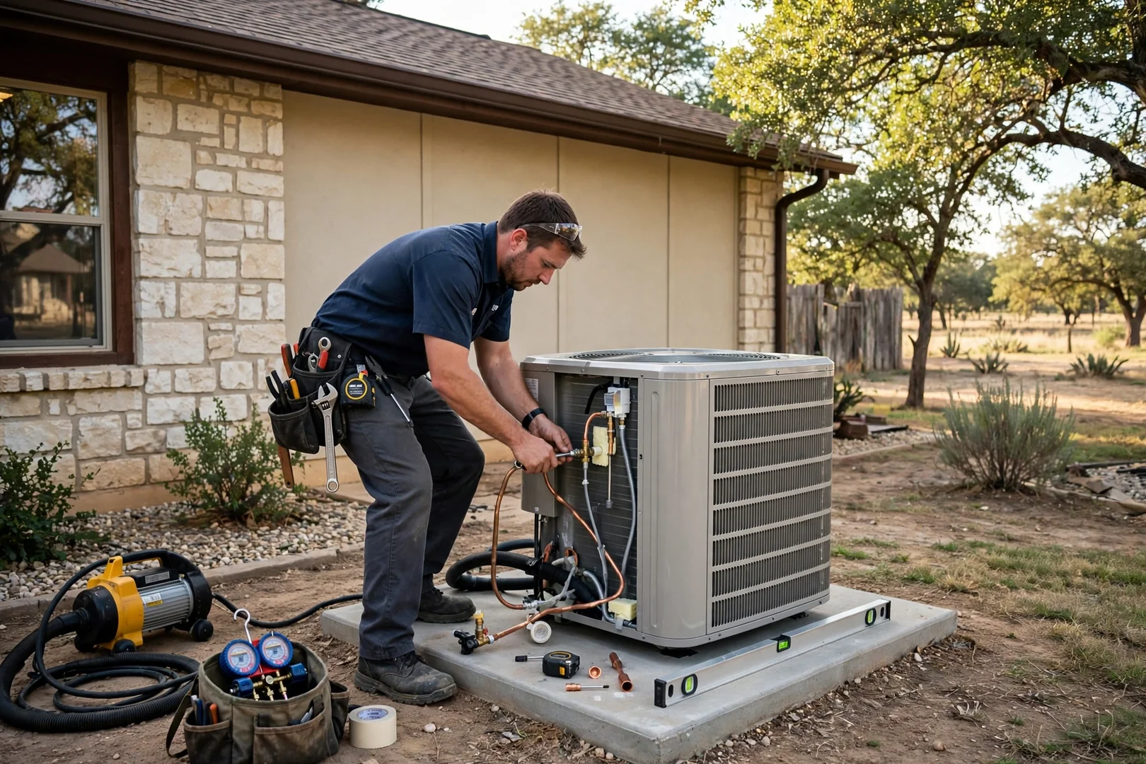 New air conditioner condenser on a level pad beside a Cibolo ranch home