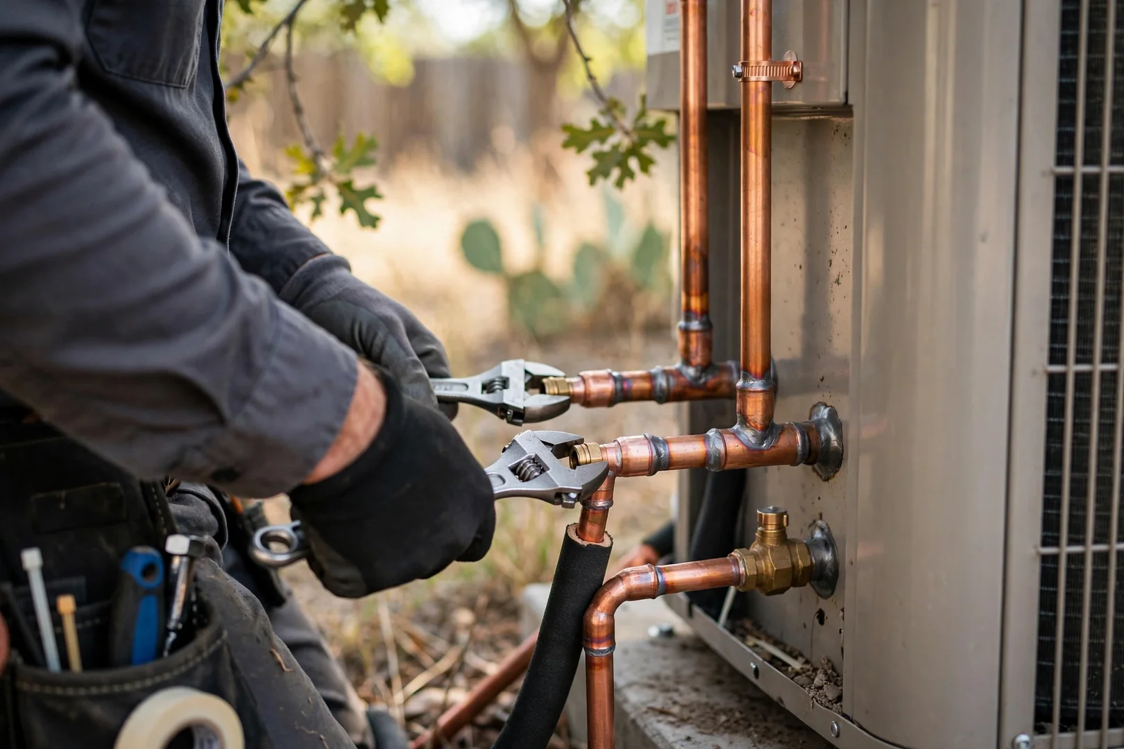 Close-up of brazed copper line set connections on a newly installed outdoor AC unit