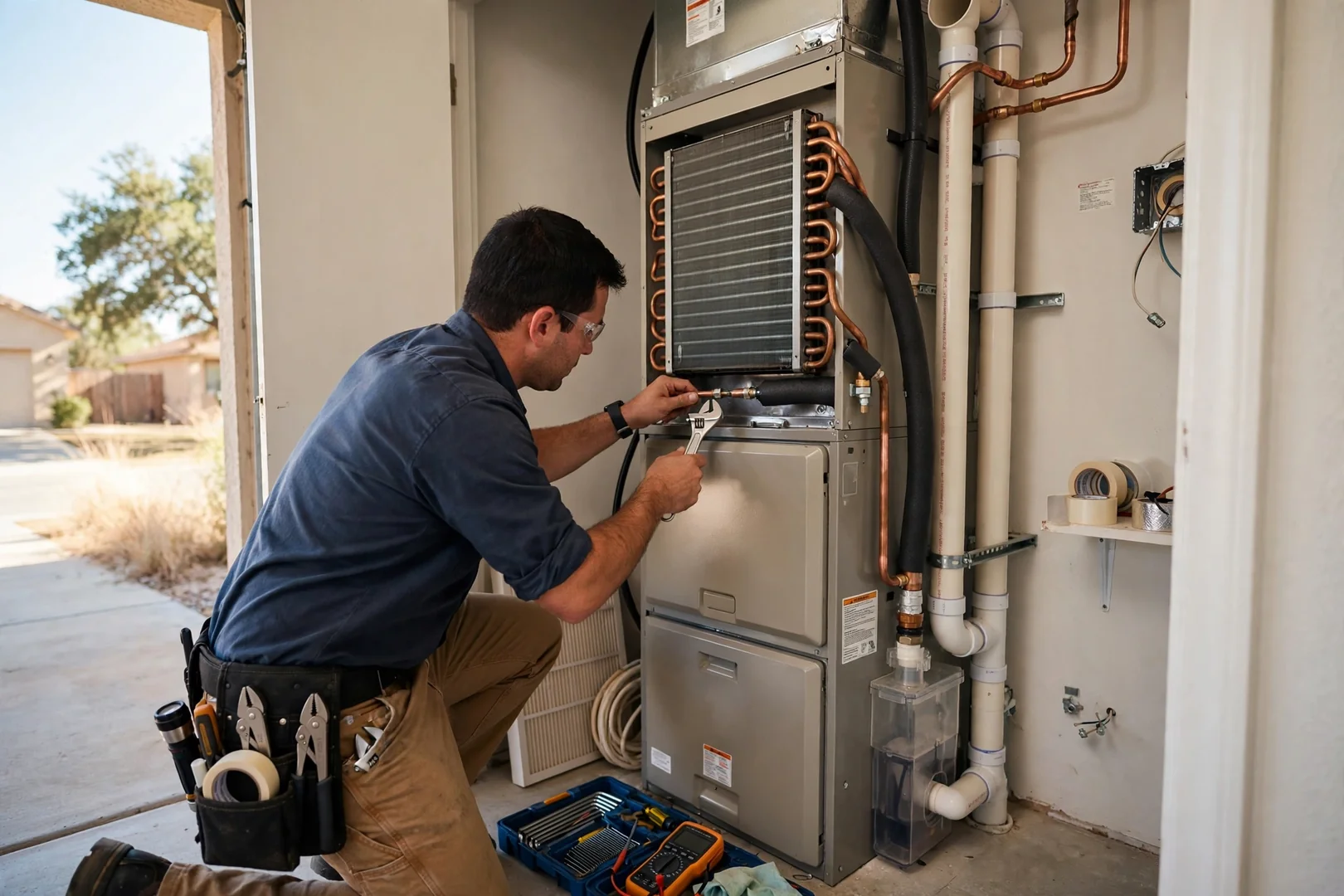 High-efficiency gas furnace and evaporator coil installed in a residential utility closet