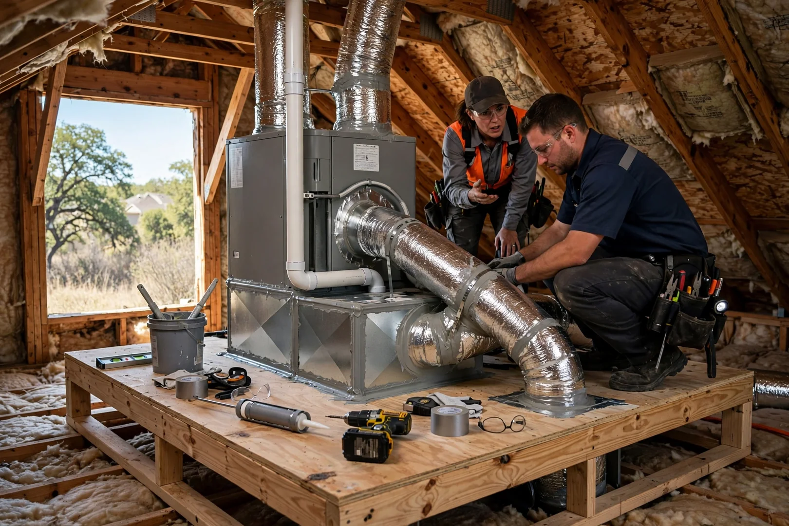 Attic air handler on a rebuilt platform with sealed supply plenum and ductwork
