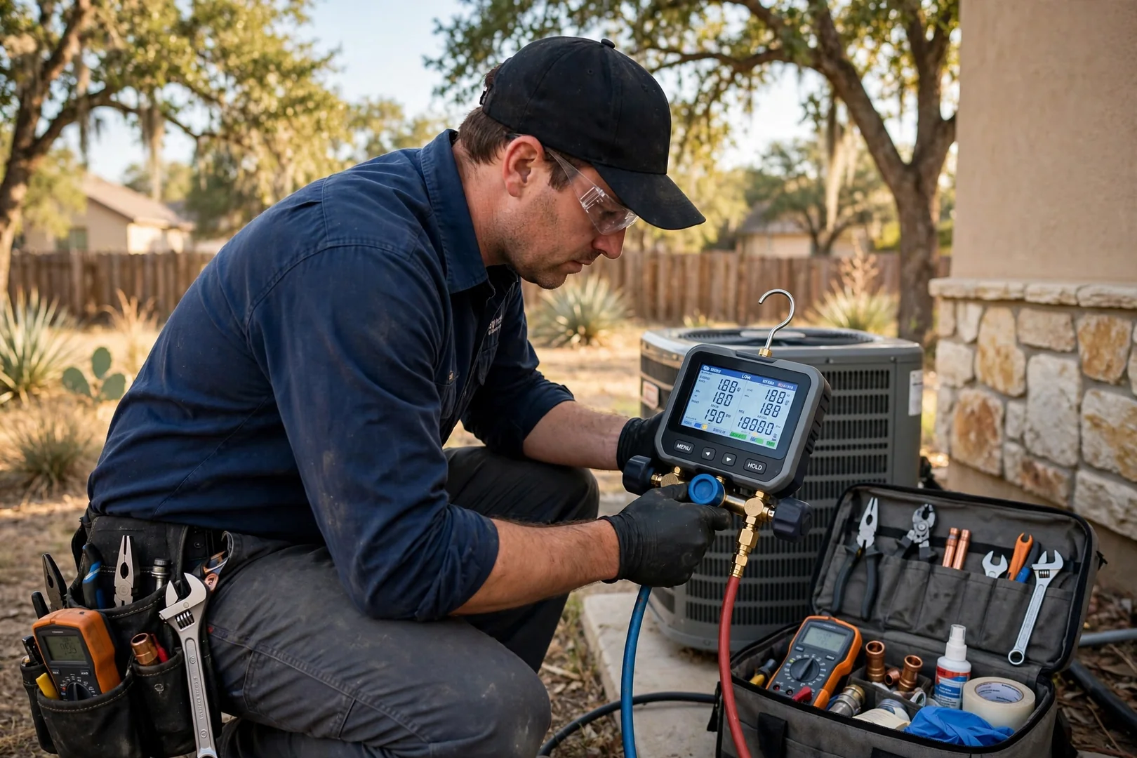 Technician checking refrigerant pressures with digital gauges during a new AC system startup