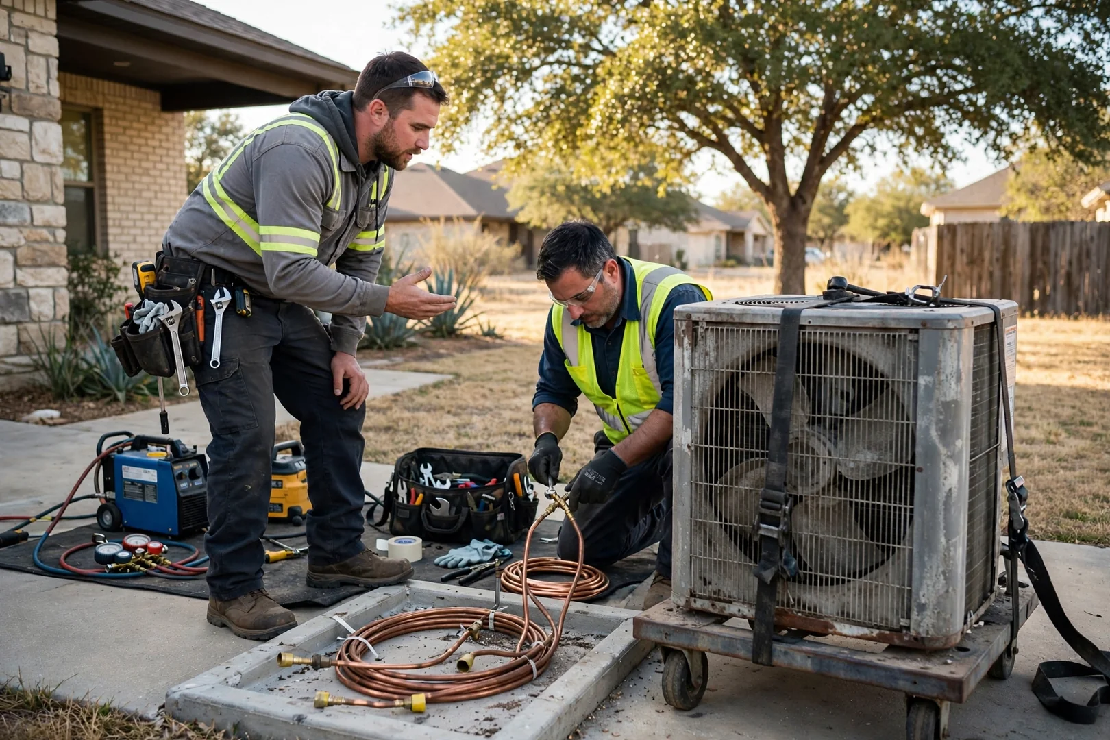 Old outdoor condenser removed and staged for disposal before a split system replacement