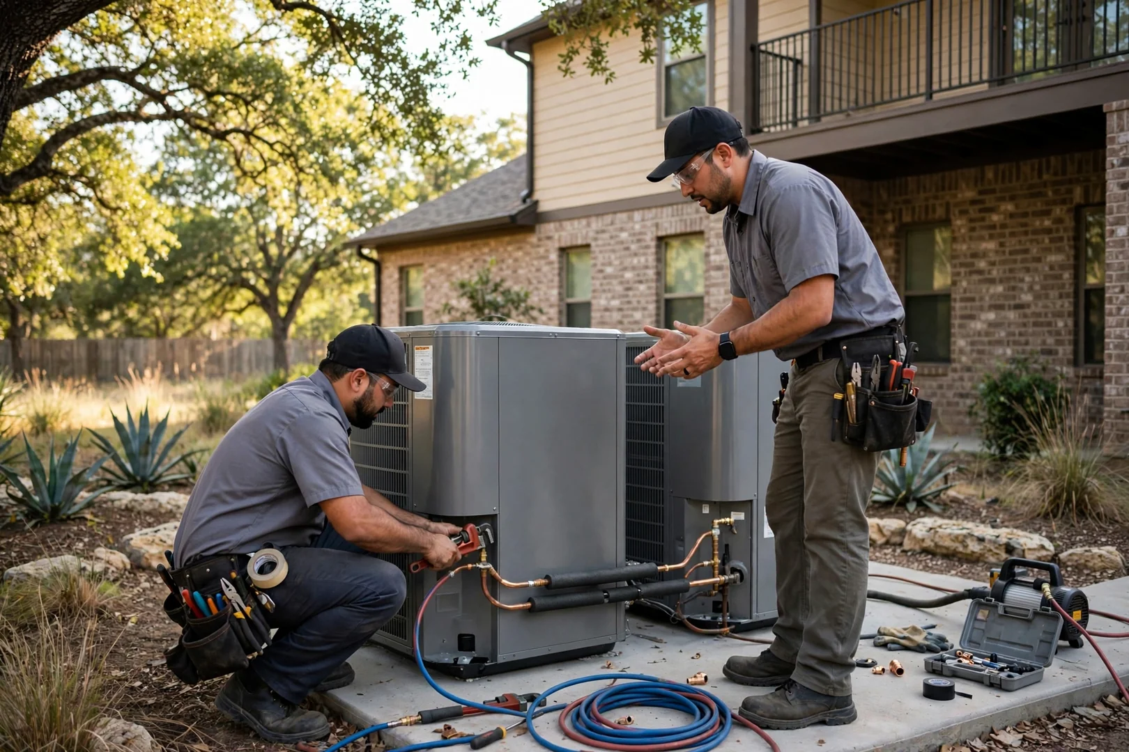 Two new condensers installed side by side at a two-story home in Cibolo