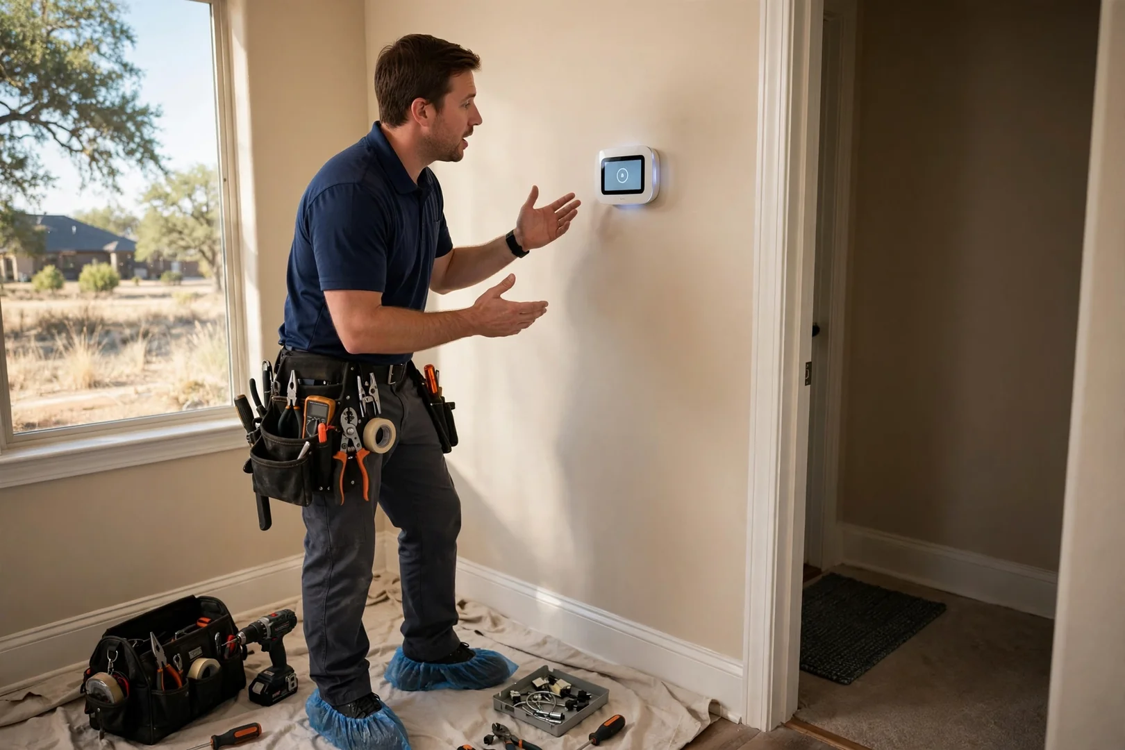 Newly programmed smart thermostat on a hallway wall after furnace and AC installation