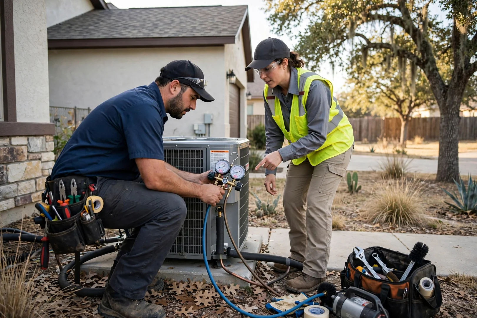Technician setting a new AC condenser beside a home