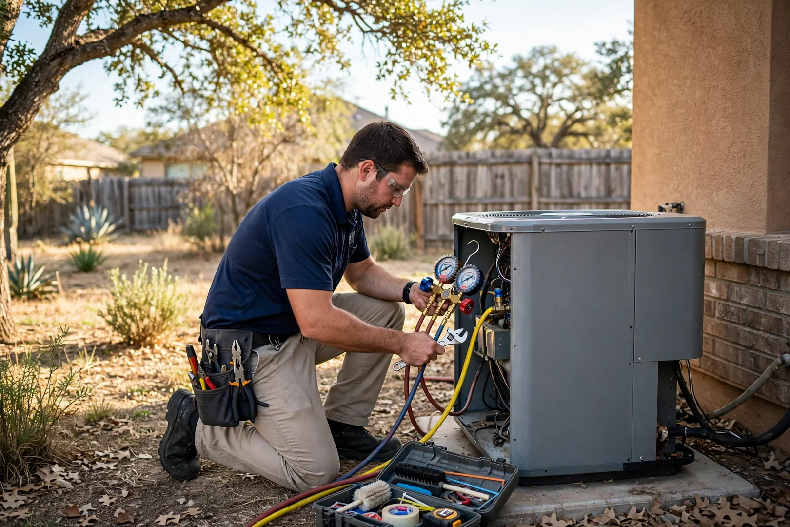 Technician reviewing a written AC repair estimate with a homeowner beside an outdoor condenser