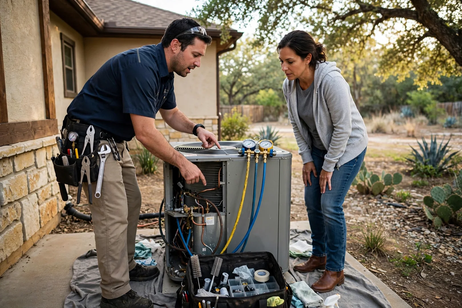 HVAC technician checking an outdoor air conditioner condenser at a Cibolo home