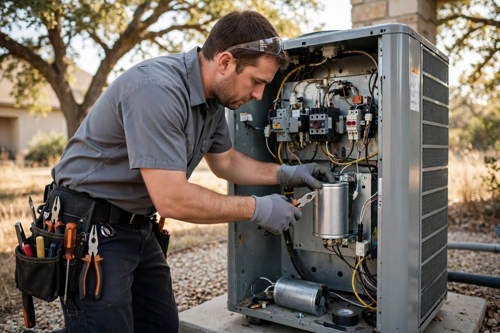 Replaced run capacitor installed inside an outdoor AC condenser electrical panel in Cibolo