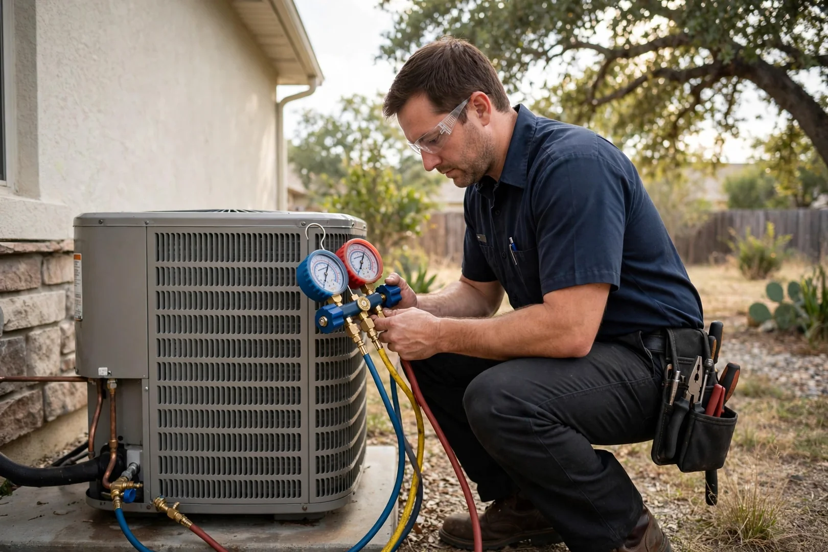Technician checking refrigerant pressures with manifold gauges on a residential condensing unit