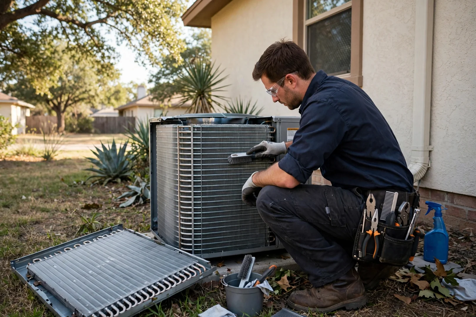 Cleaned condenser coil fins on an outdoor air conditioner beside a suburban home