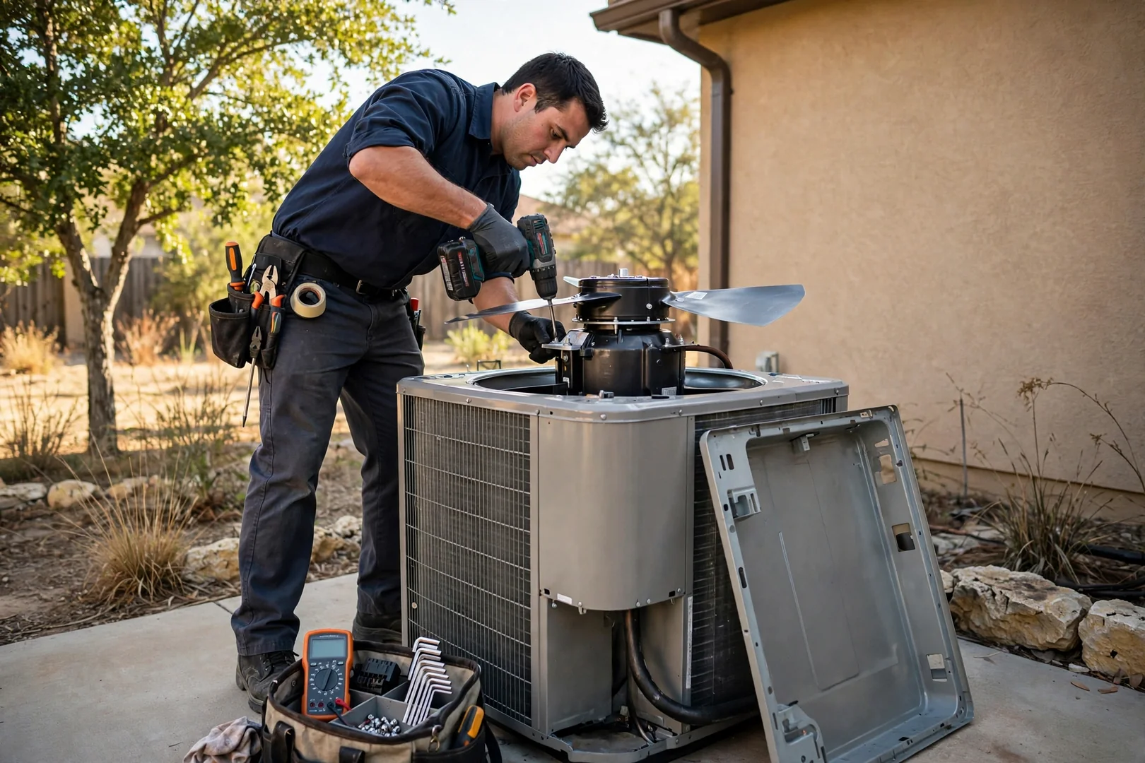 New condenser fan motor and blade mounted on top of an AC unit
