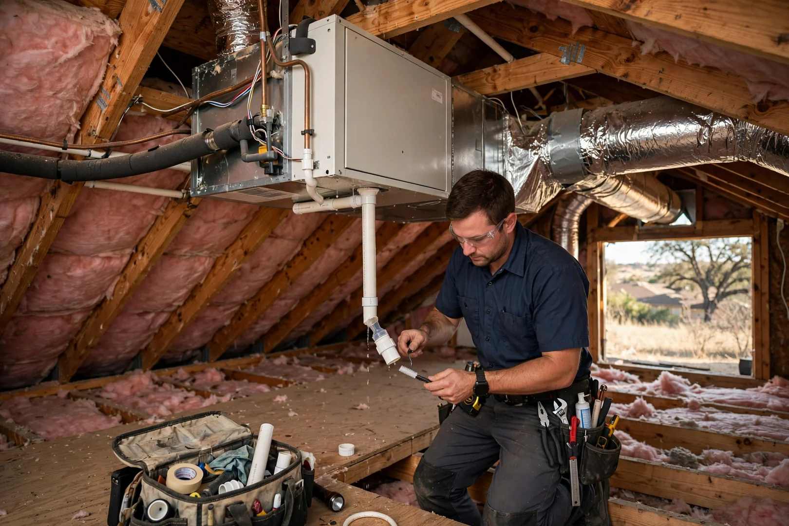 Attic air handler with cleared condensate drain line after an AC repair visit
