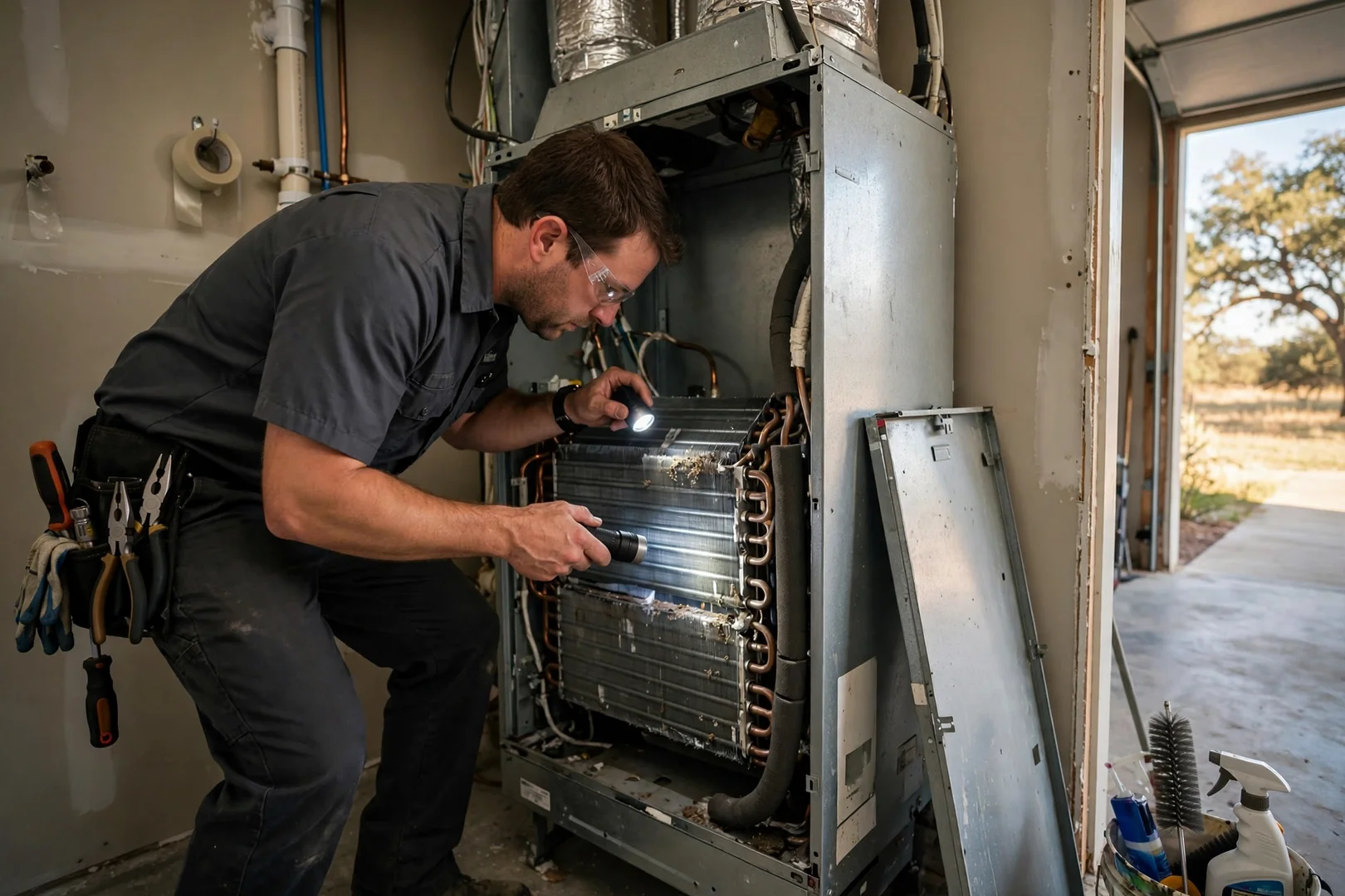Evaporator coil inspection with access panel removed on an indoor air handler
