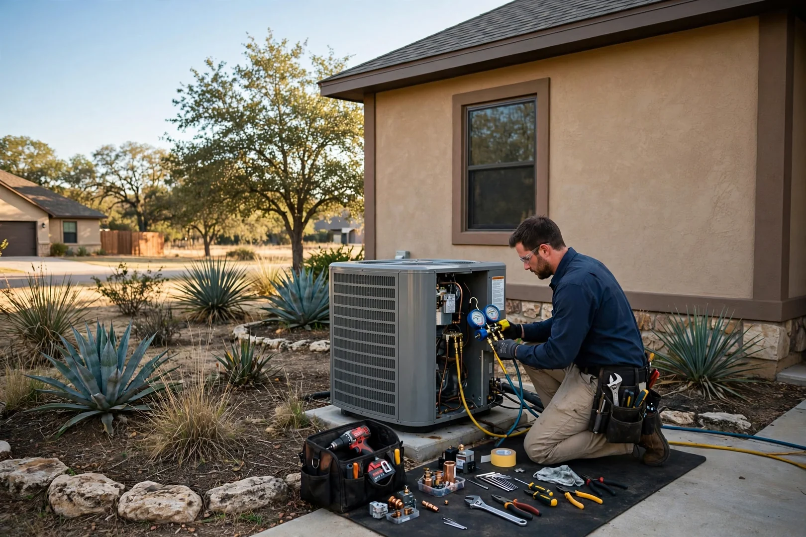 Wide view of a repaired outdoor AC unit beside a Cibolo home