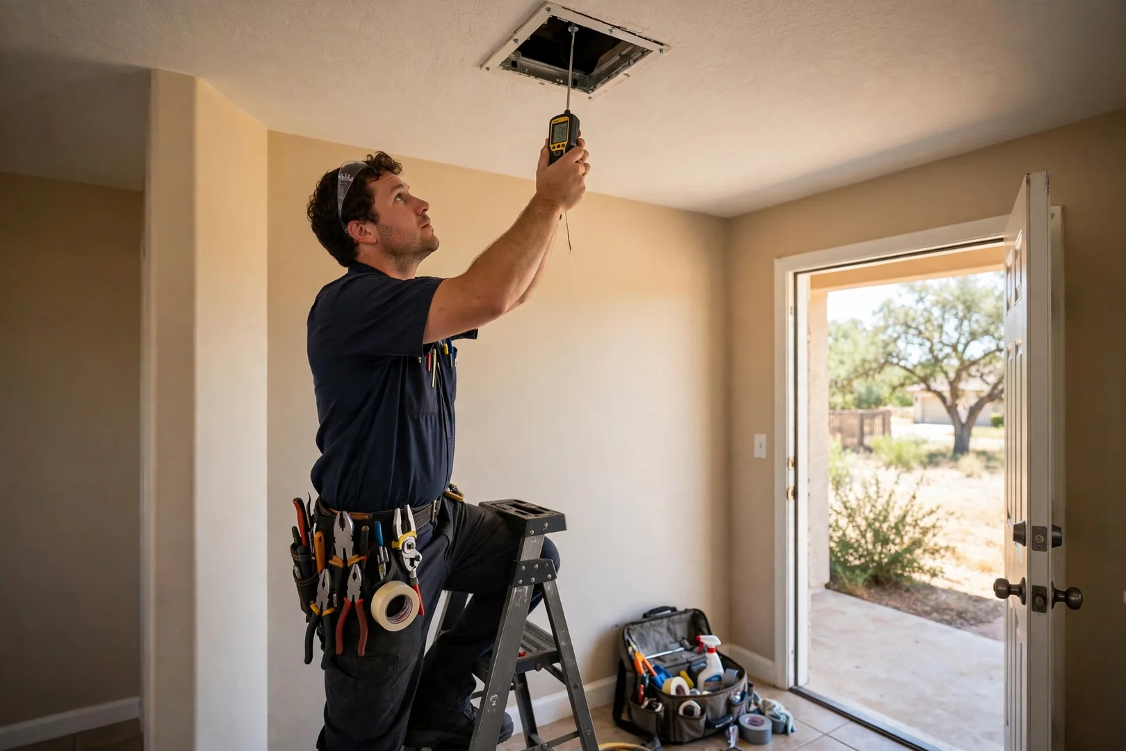 Digital thermometer measuring cool supply air at a ceiling vent after repair