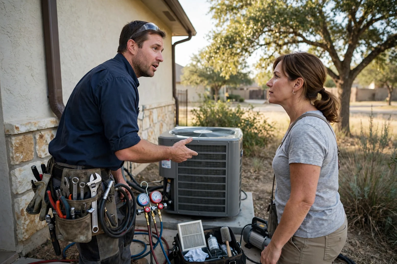 Technician measuring supply vents during an air duct cleaning assessment in a Cibolo home