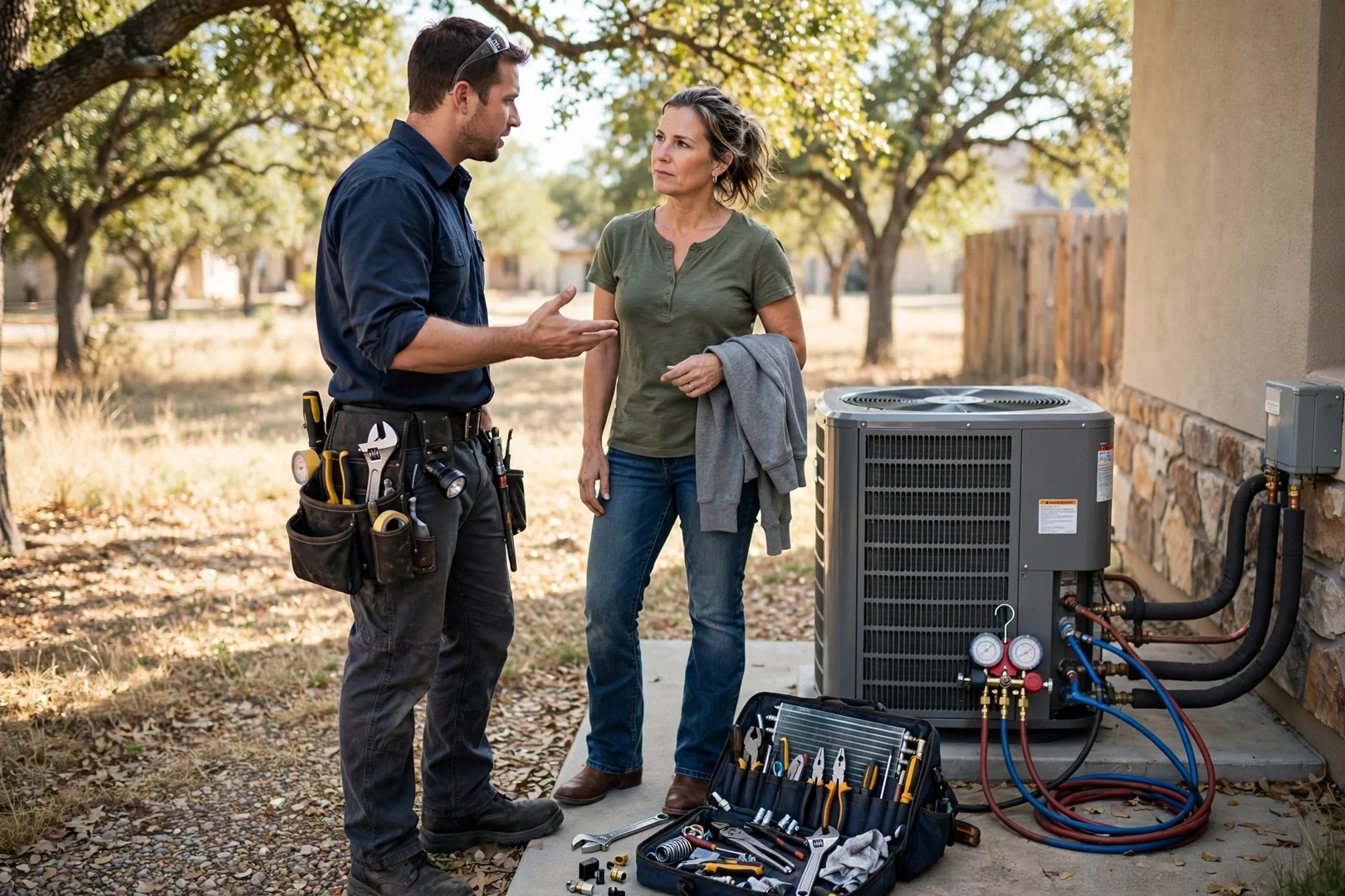 HVAC technician cleaning residential air ducts with negative pressure equipment in Cibolo home