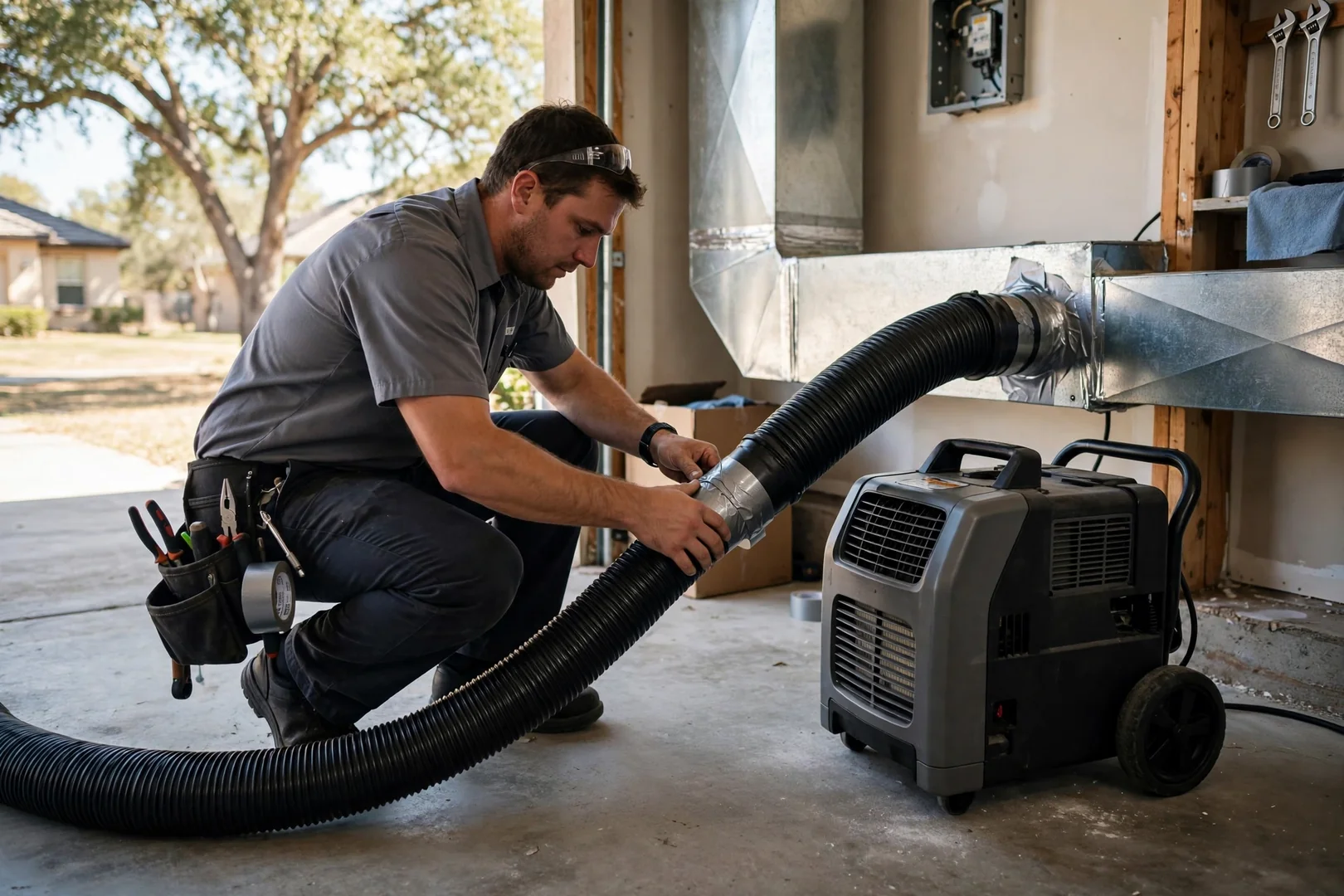 Negative air machine hose connected to a residential duct trunk line in Cibolo
