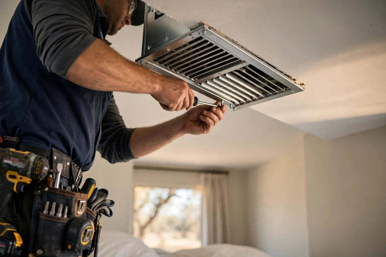 Close-up of a cleaned metal supply register reinstalled on a bedroom ceiling