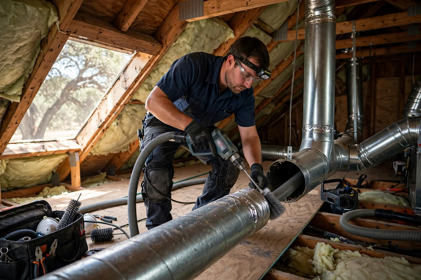 Rotary brush tool feeding into a branch duct run inside a home attic