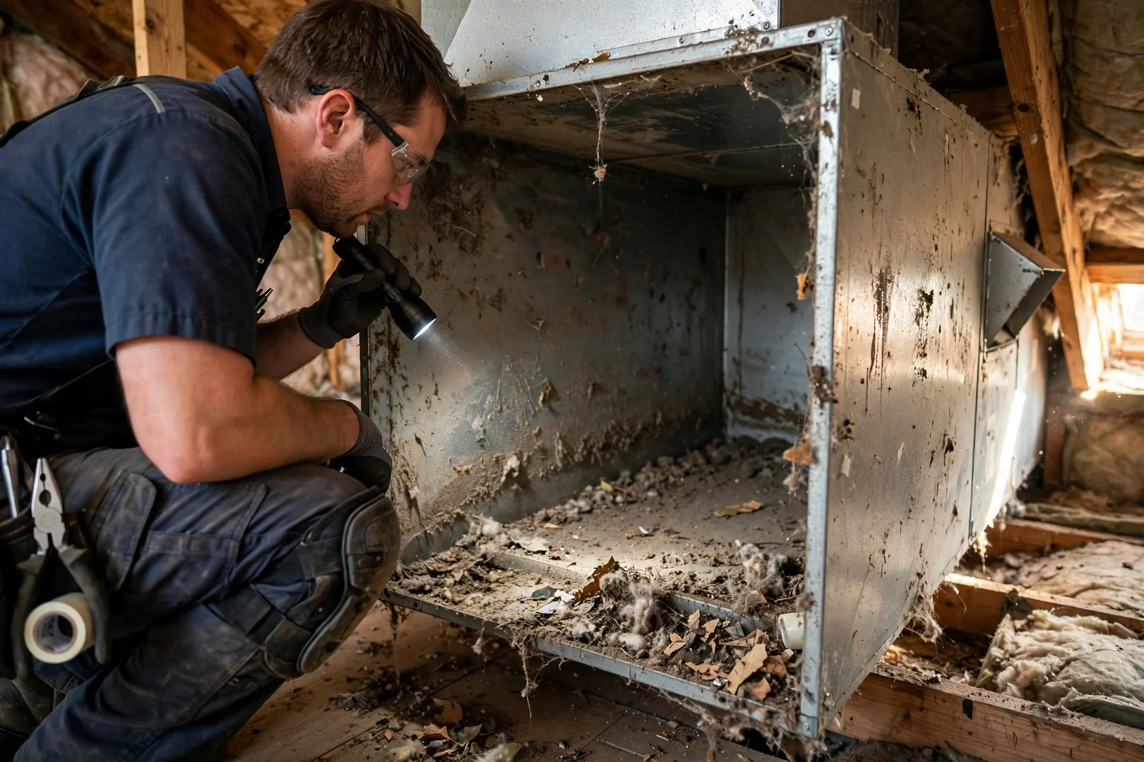 Before-cleaning view of dust and debris buildup inside a return air plenum