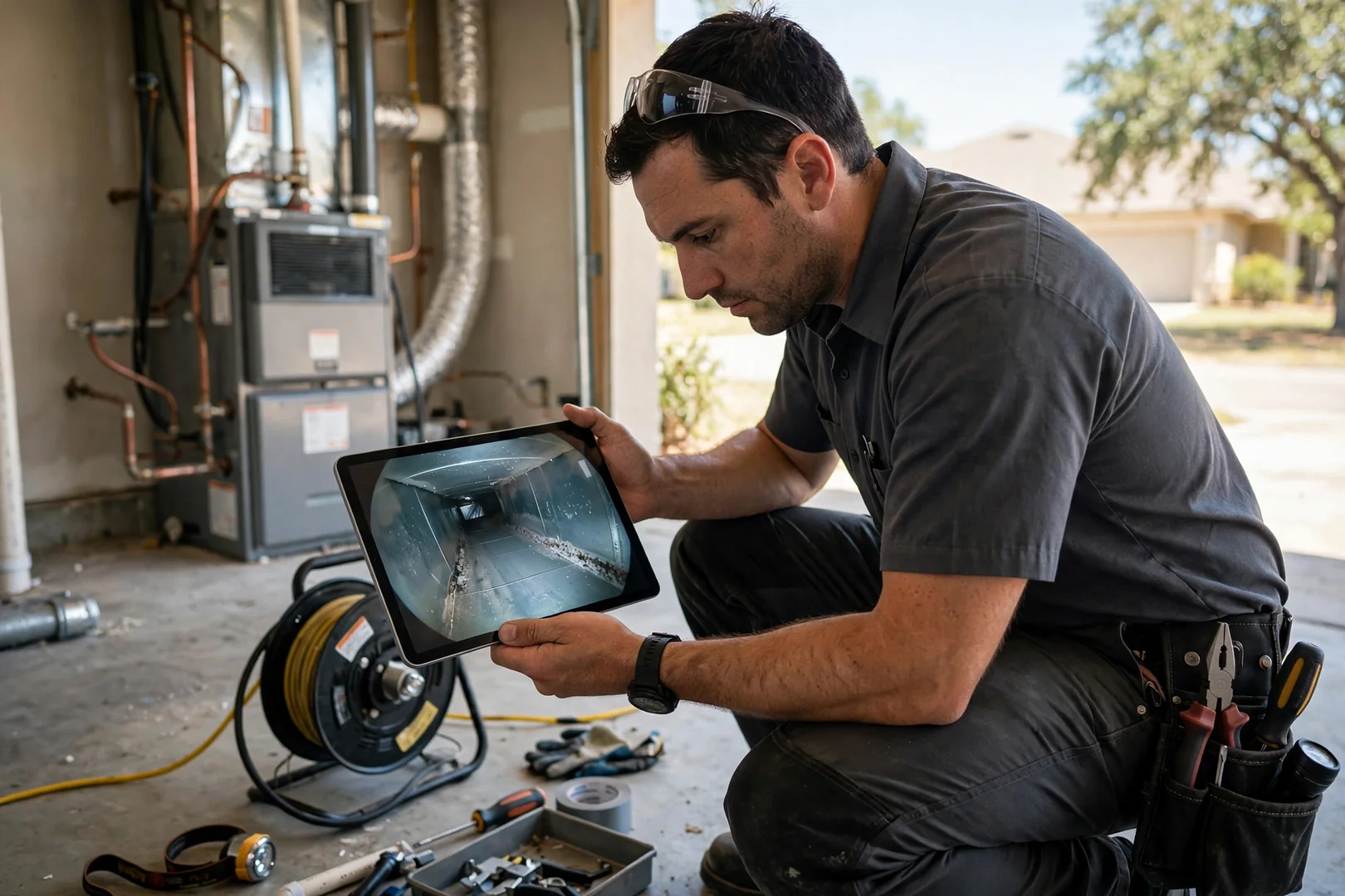 Technician reviewing duct camera footage on a tablet during an inspection visit