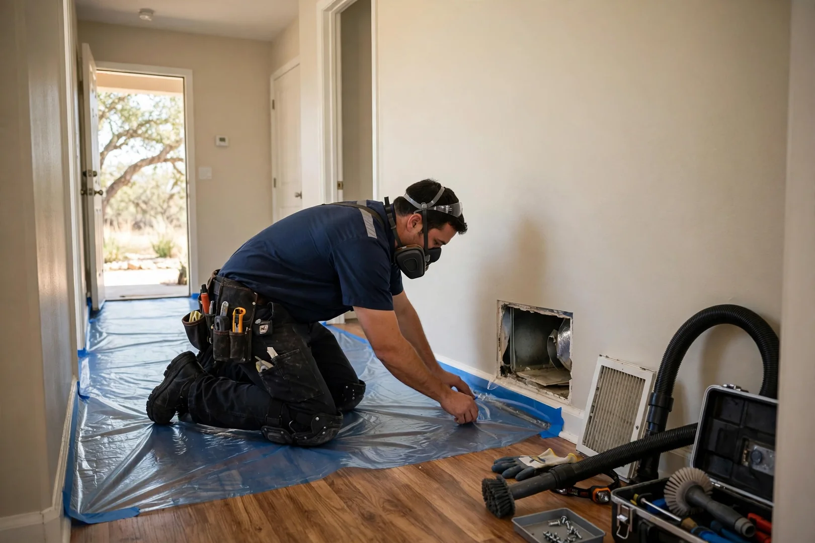 Protective floor covering laid near a hallway return vent before duct cleaning