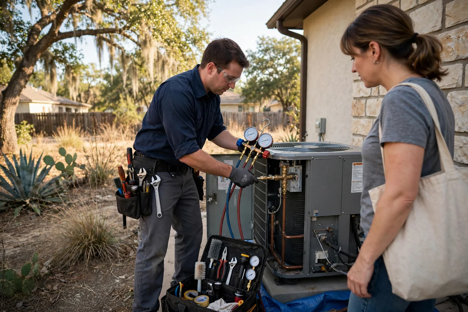 HVAC technician reviewing a furnace repair estimate with a homeowner in a Cibolo home