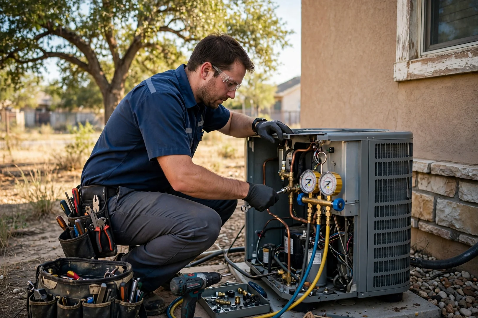 Technician inspecting a residential gas furnace burner assembly during a heating repair visit in Cibolo