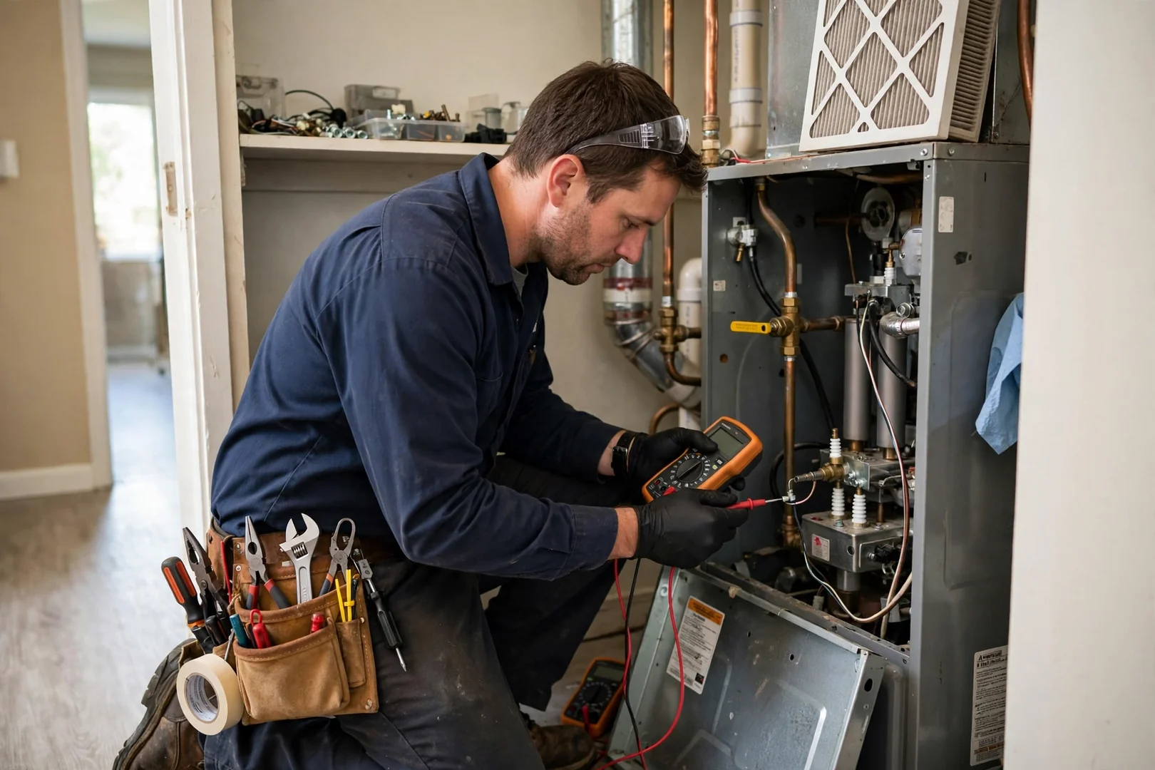 Technician testing a gas furnace flame sensor inside a residential utility closet