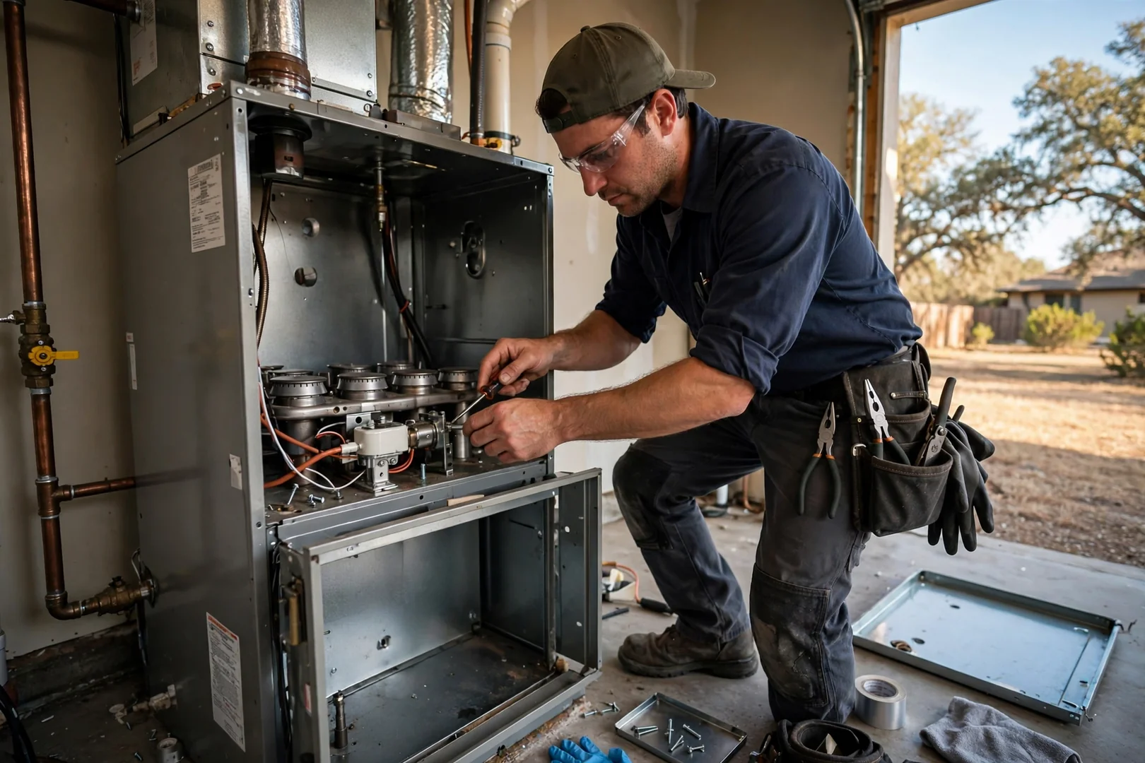 New hot surface igniter installed in a gas furnace burner assembly