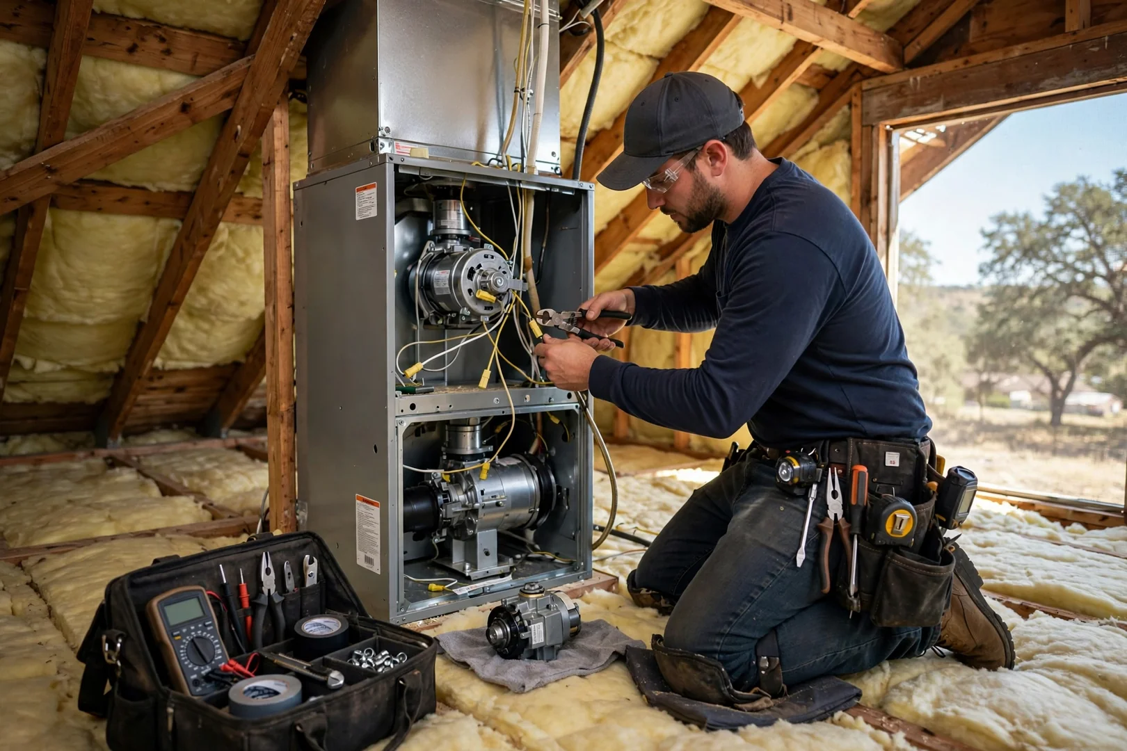 Attic gas furnace with fresh wiring after inducer motor replacement in Cibolo
