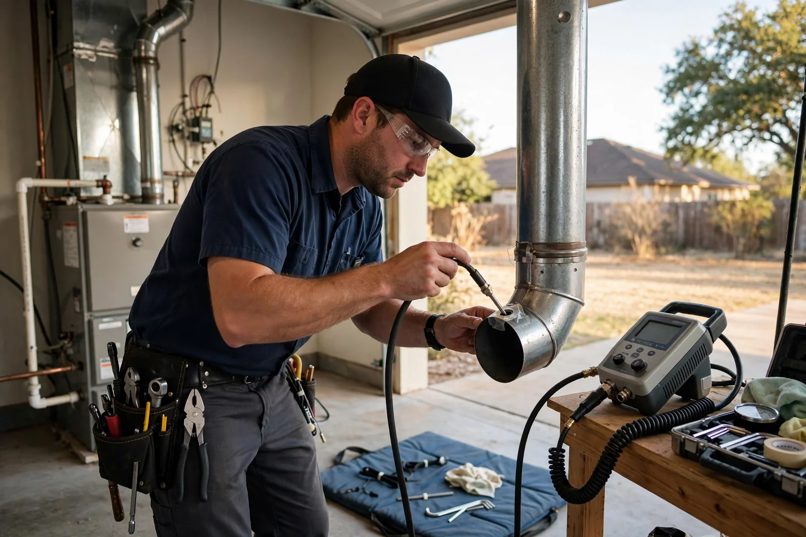 Combustion analyzer probe inserted into a furnace flue pipe during safety testing