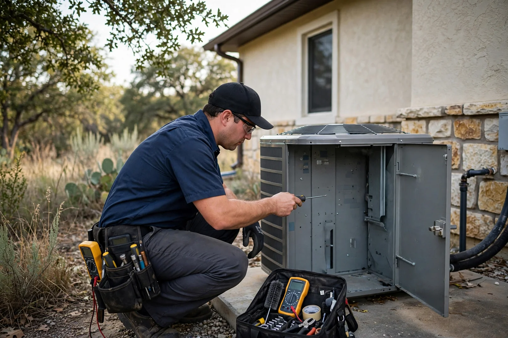 Heat pump outdoor unit beside a Cibolo home after defrost control repair