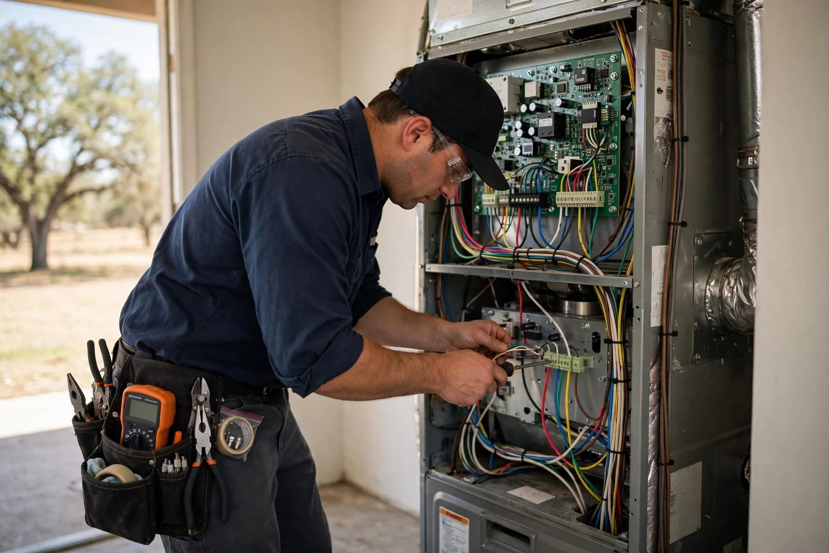 Replaced furnace control board with neatly labeled wiring connections inside cabinet