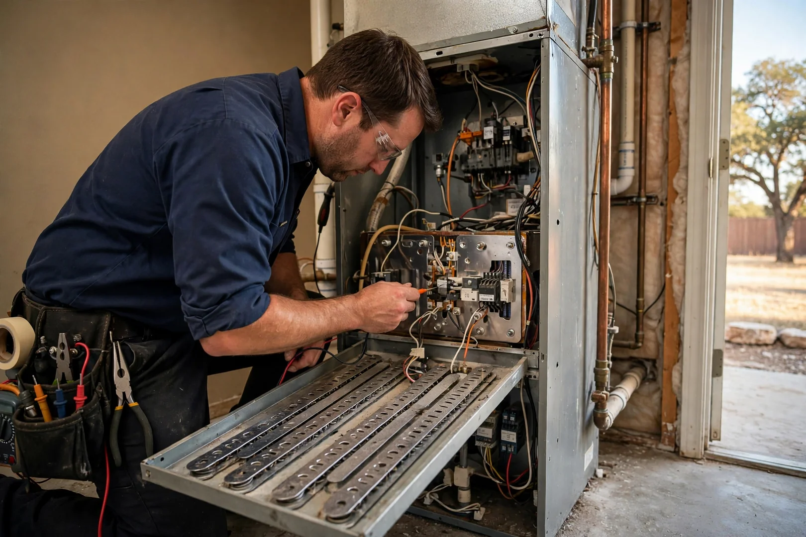 Electric furnace auxiliary heat strips exposed during a heating repair inspection