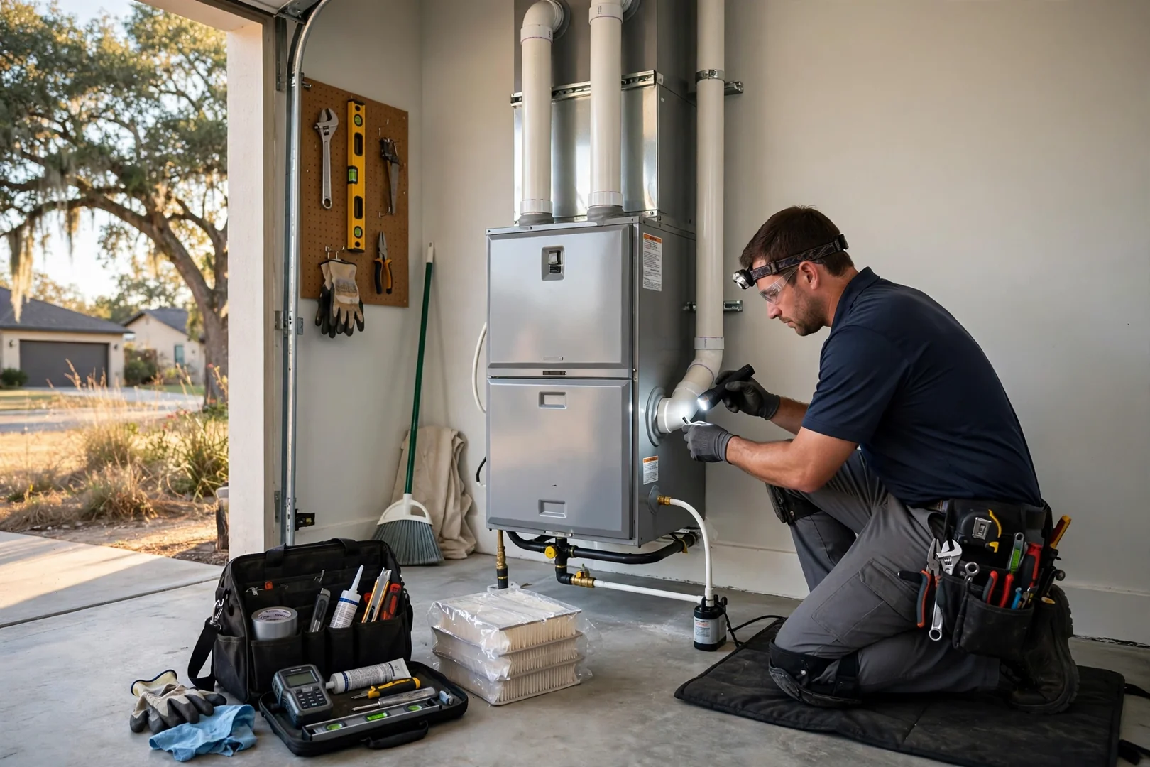 Clean garage furnace setup with sealed venting after a completed heating repair