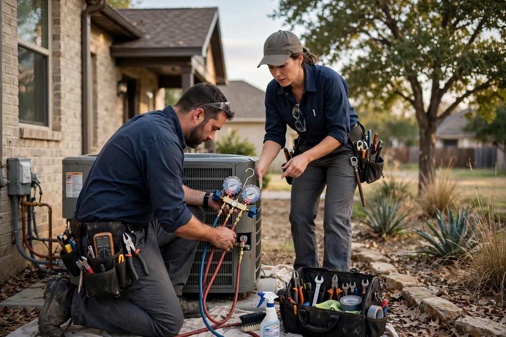 Technician testing a furnace igniter in a Cibolo attic