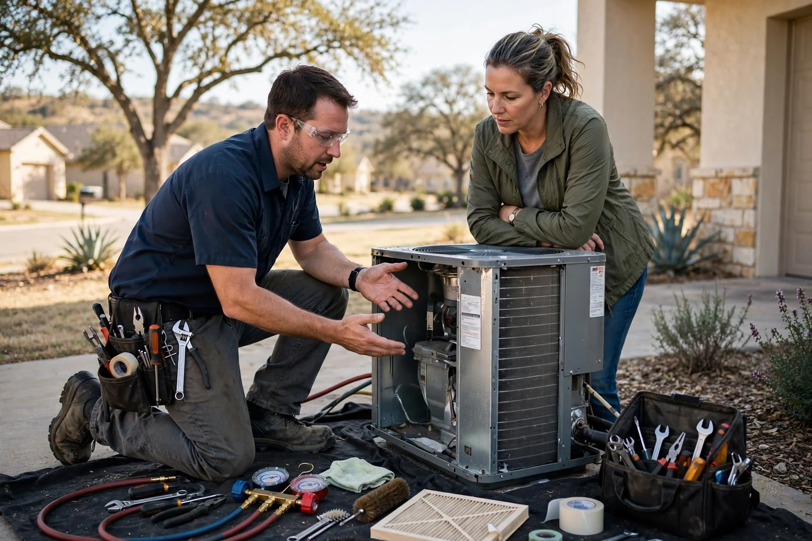 HVAC technician checking an outdoor condenser unit beside a Cibolo home