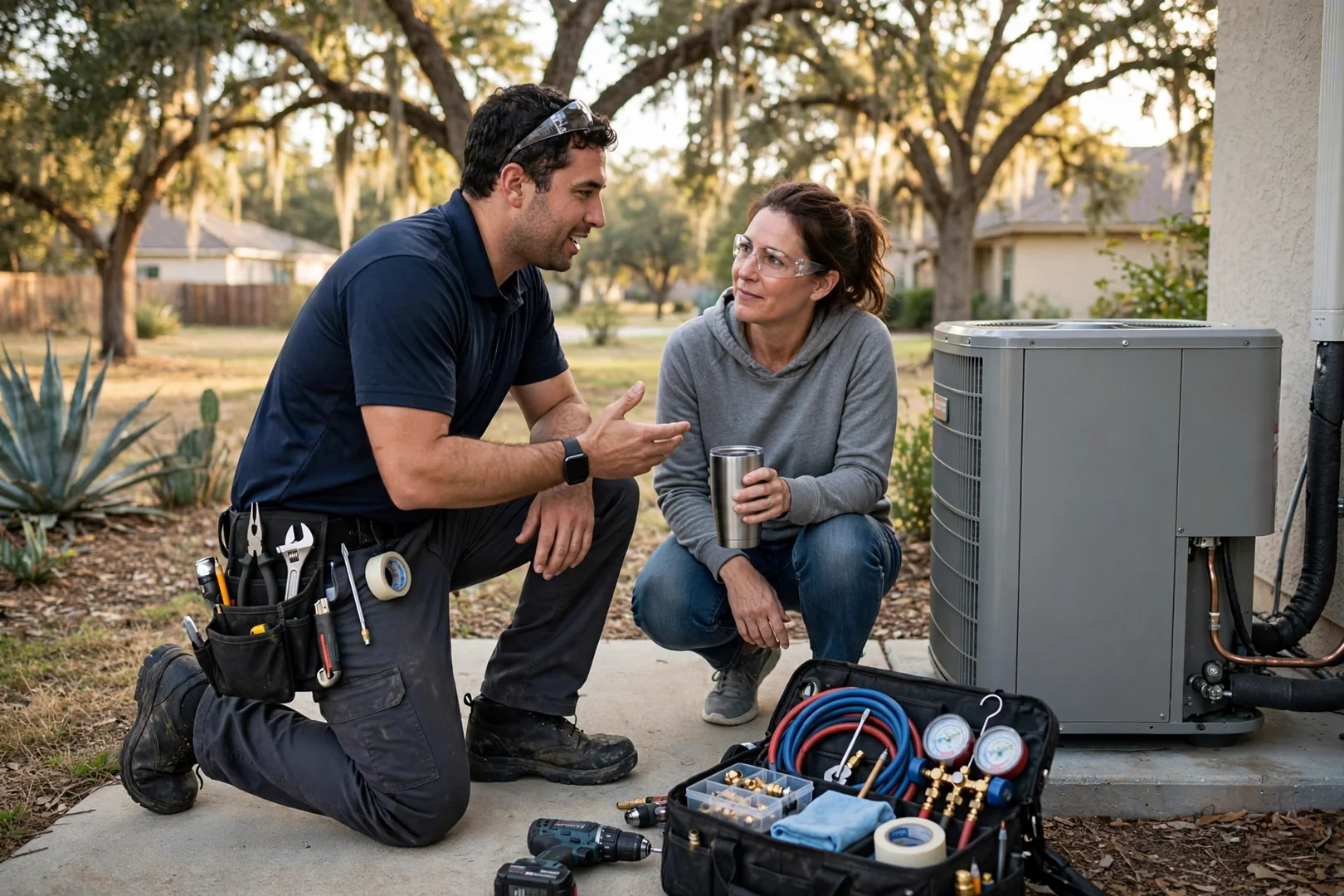 Technician reviewing a written HVAC estimate with a homeowner