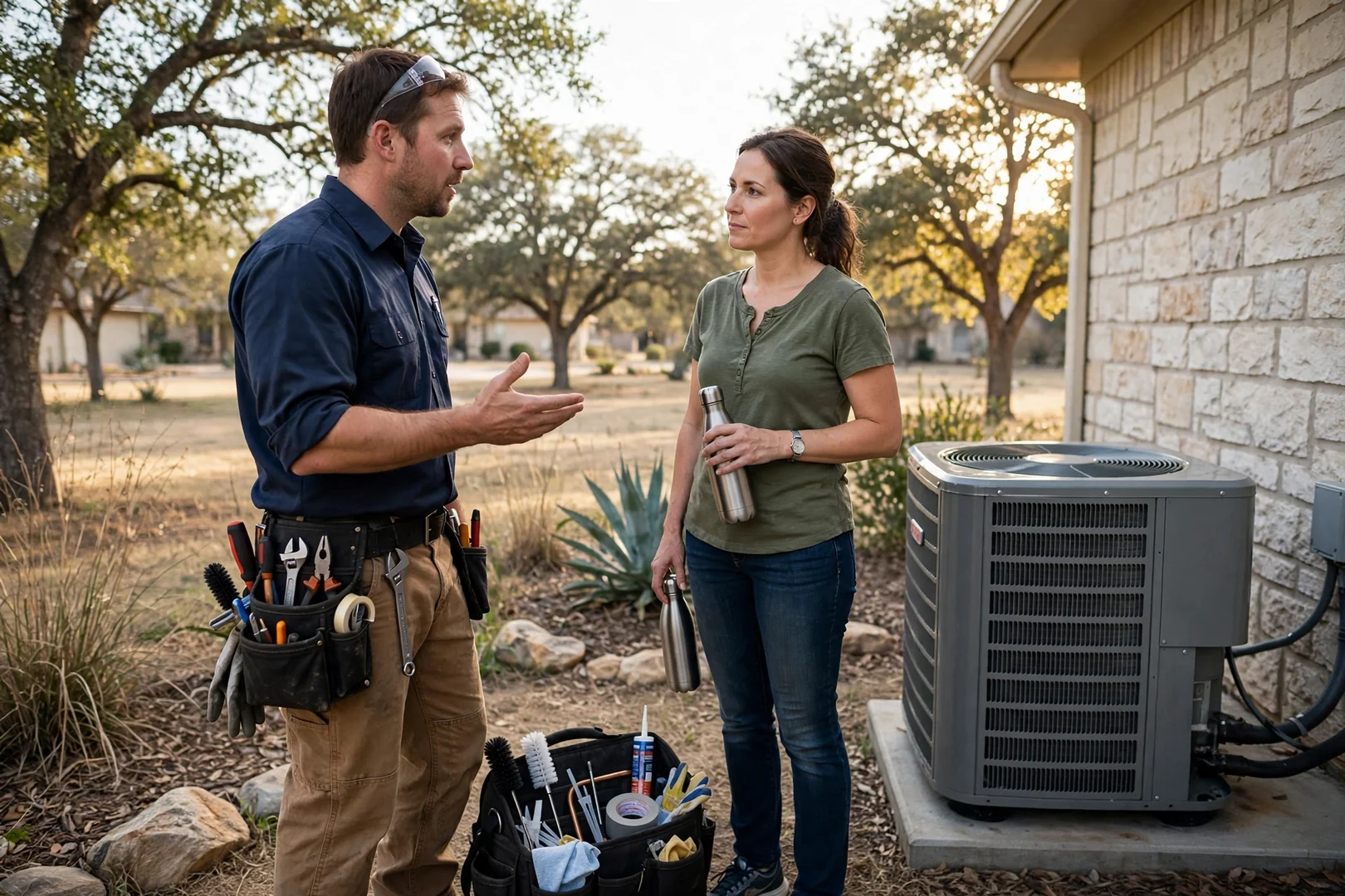 HVAC technician reviewing a written estimate with a homeowner beside an outdoor condenser