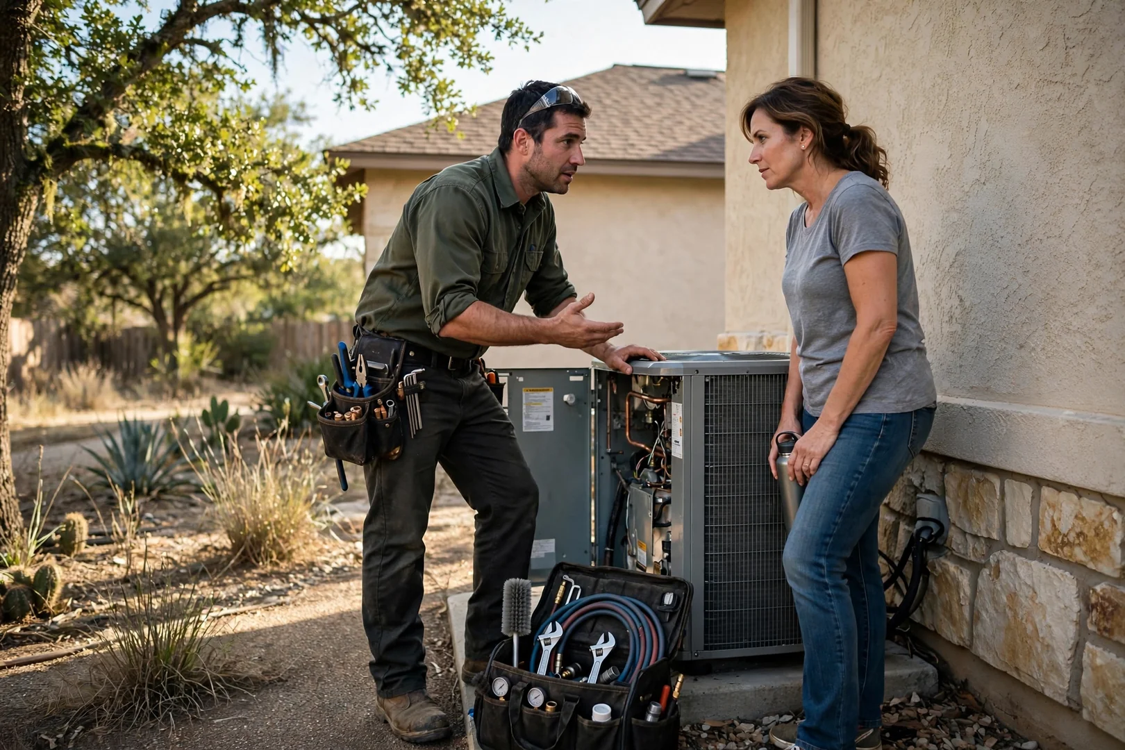 HVAC technician reviewing a written estimate with a Cibolo homeowner outside