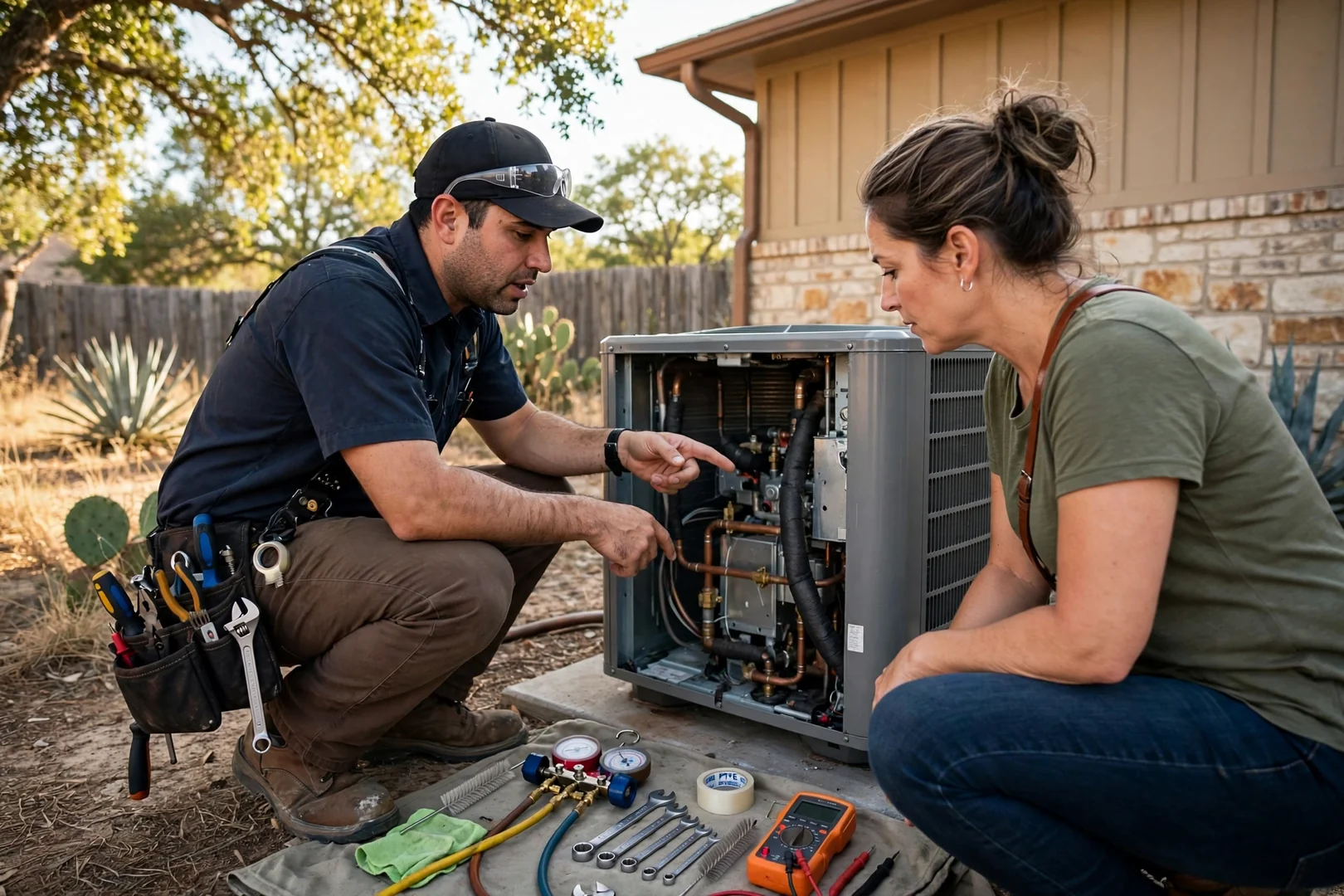 Technician servicing an outdoor AC condenser in Cibolo