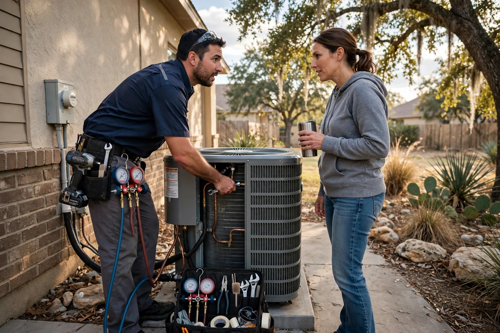 Technician checking an outdoor AC condenser with manifold gauges at a Cibolo home
