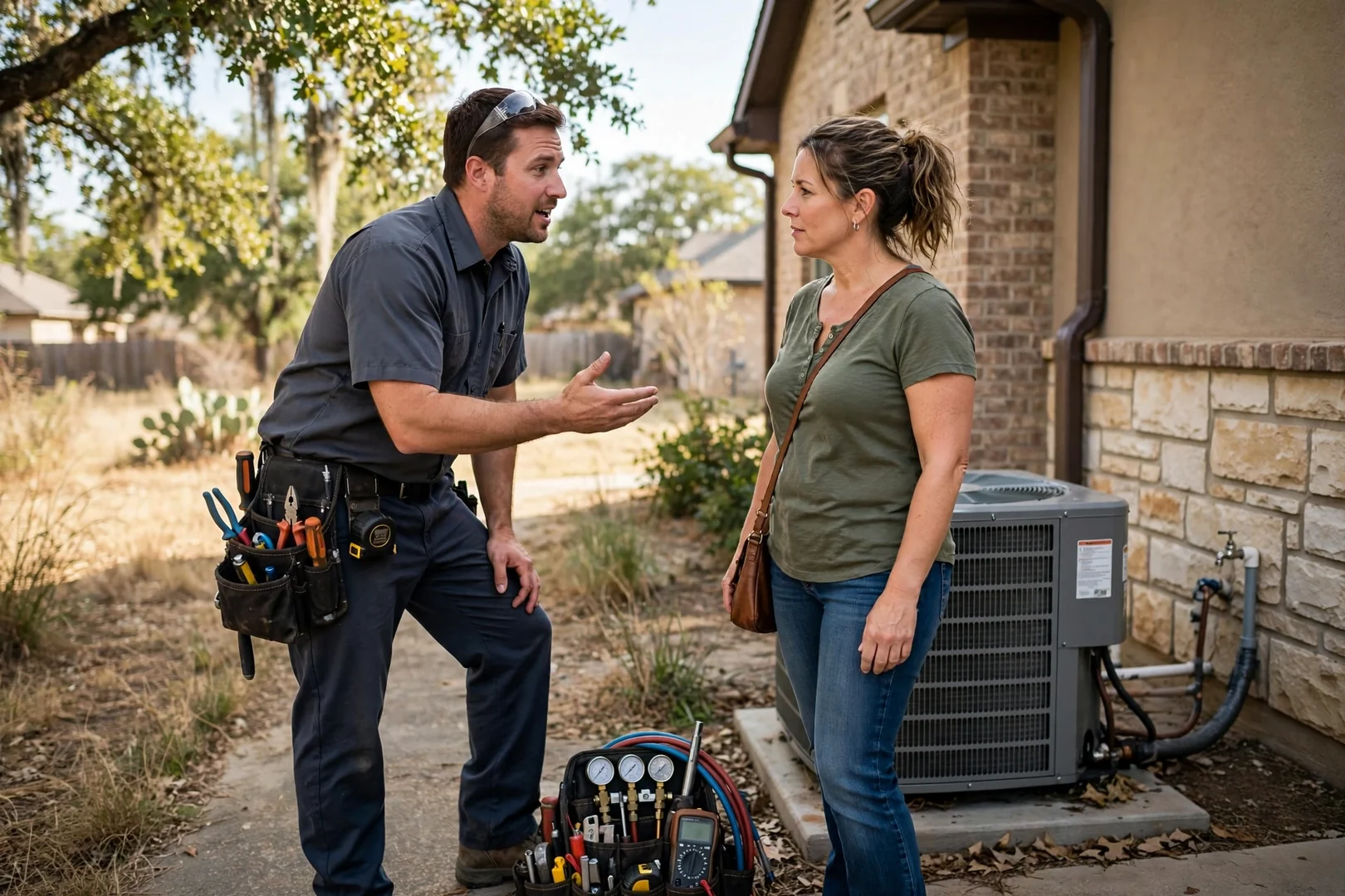 HVAC technician reviewing a written estimate with a homeowner in Cibolo