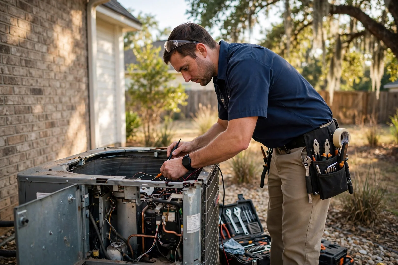HVAC van parked outside a suburban home in Cibolo