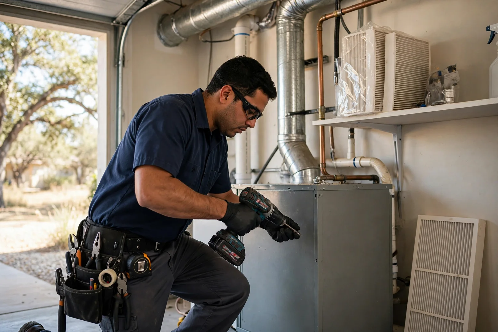 Technician walking a homeowner through completed HVAC work at an indoor thermostat