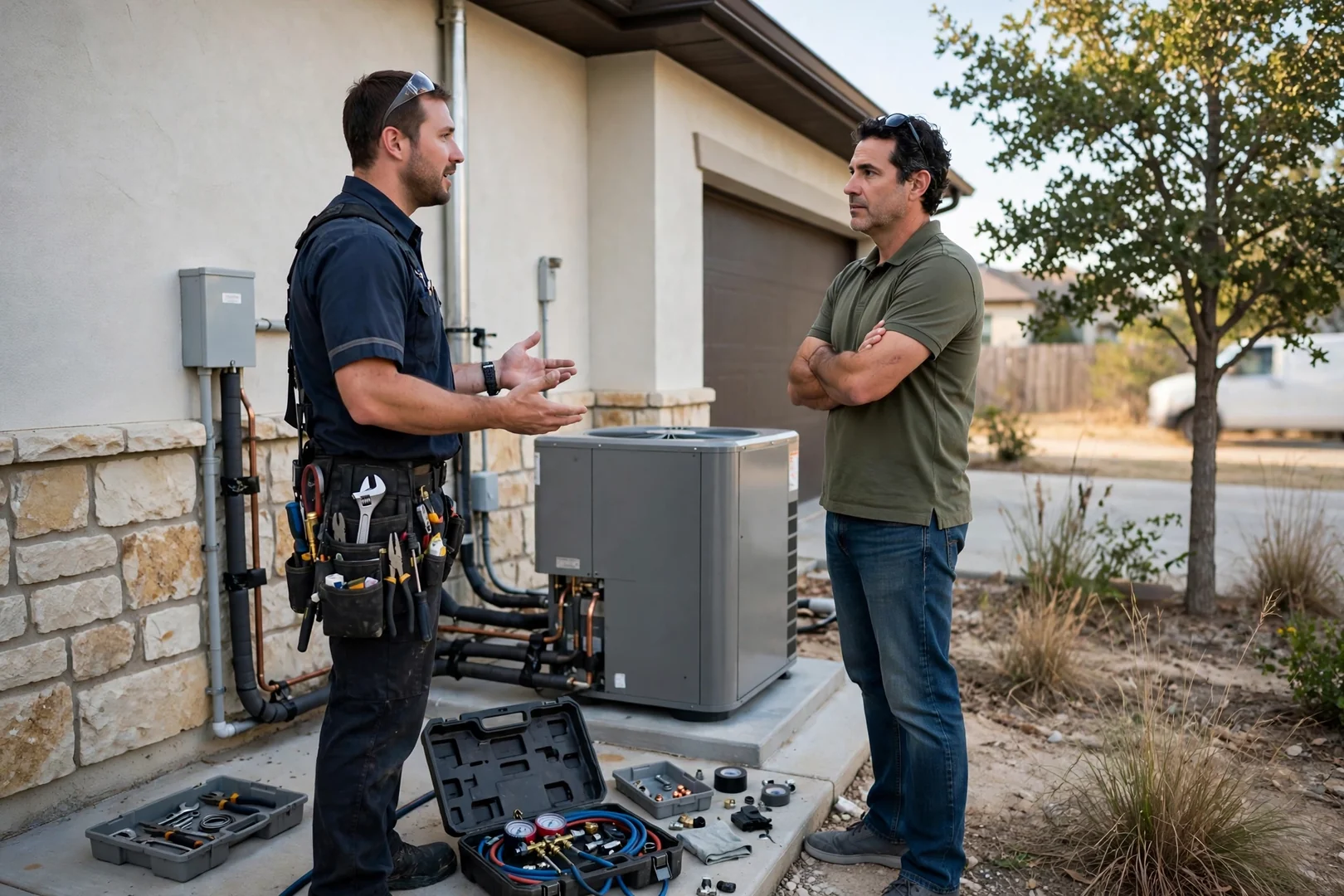 HVAC technician measuring refrigerant pressure with gauges on an outdoor AC unit in Cibolo